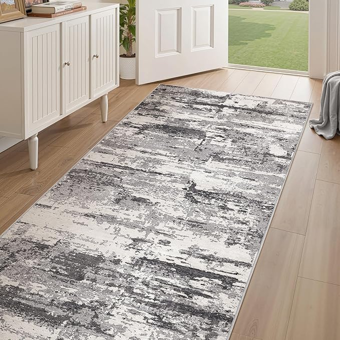 Hallway Washable Runner Rug: 3x8 Abstract Modern Soft Stain Resistant Non-Slip Backing Runner for for Entryway Kitchen Laundry - Black Grey