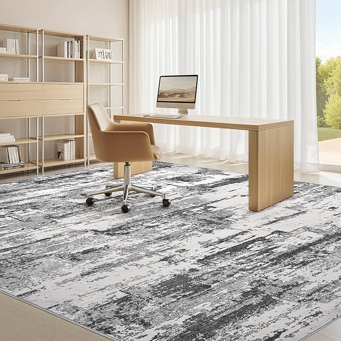Area Rugs for Living Room: 12x15 Abstract Washable Rug Modern Neutral Large Soft Stain Resistant Non-Slip Backing Machine Table for Bedroom Dining Room Indoor Home Office Carpet - Black Grey