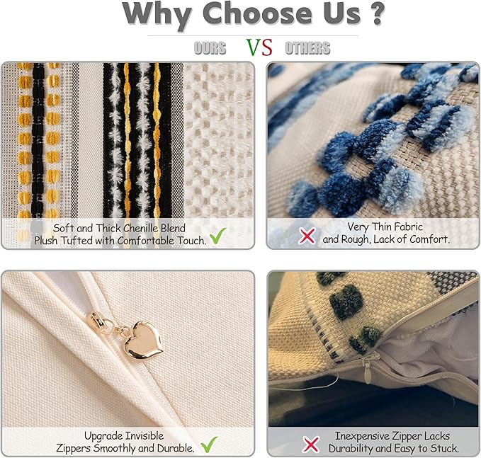 KOOLIFE Boho Chenille Tufted Couch Throw Pillow Covers 18x18 Inch Set of 2 Farmhouse Striped Decorative Pillow Covers Accent Neutral Pillowcase Black Yellow Cushion Cover for Living Room Sofa Bed