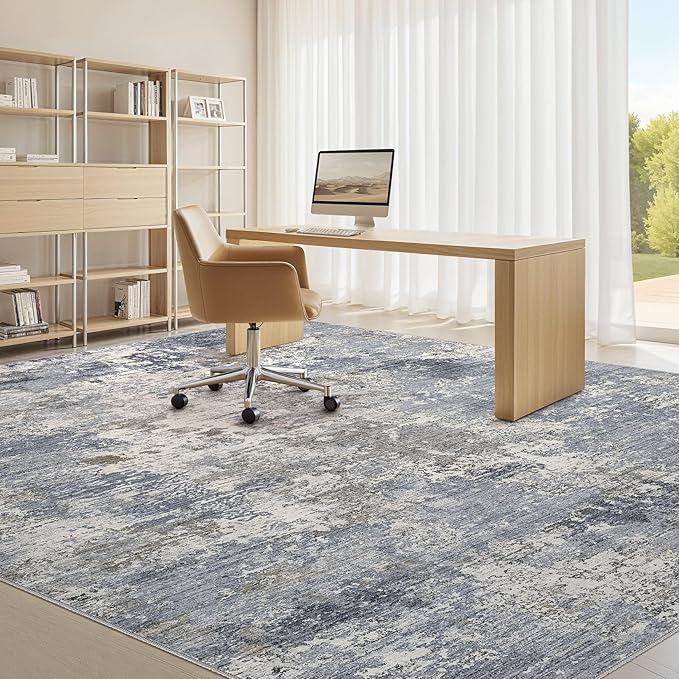 Area Rugs for Living Room: 6x9 Abstract Washable Rug Modern Neutral Large Soft Stain Resistant Non-Slip Backing Machine Table for Bedroom Dining Room Indoor Home Office Carpet - Light Denim Blue