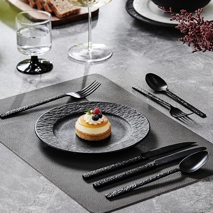 KINGSTONE 36 Pcs Black Hammered Silverware Set with Steak Knives for 6, 18/10 Stainless Steel Heavy Duty Flatware Set, Tableware Cutlery Utensil Sets for Home Restaurant Dishwasher Safe