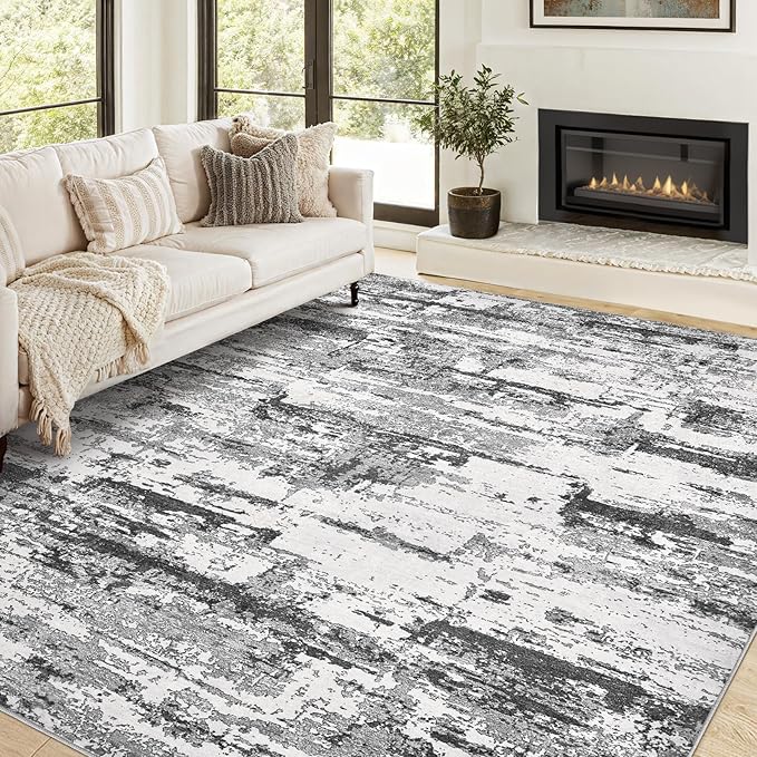 Area Rugs for Living Room: 10x14 Abstract Washable Rug Modern Neutral Large Soft Stain Resistant Non-Slip Backing Machine Table for Bedroom Dining Room Indoor Home Office Carpet - Black Grey