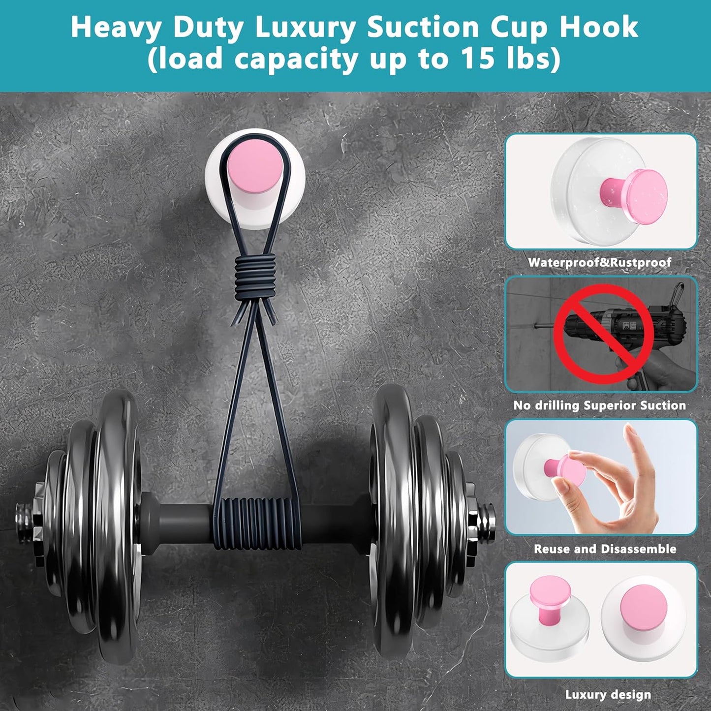 Suction Cup Hooks for Shower,Removable No Drill Towel Hooks,Upgraded 15 lbs Strong Suction hooks for Bathroom Tile,Shower Wall,Glass Door,Kitchen-Loofah,Coat,Stainless Waterproof-White Pink 4 Pcs