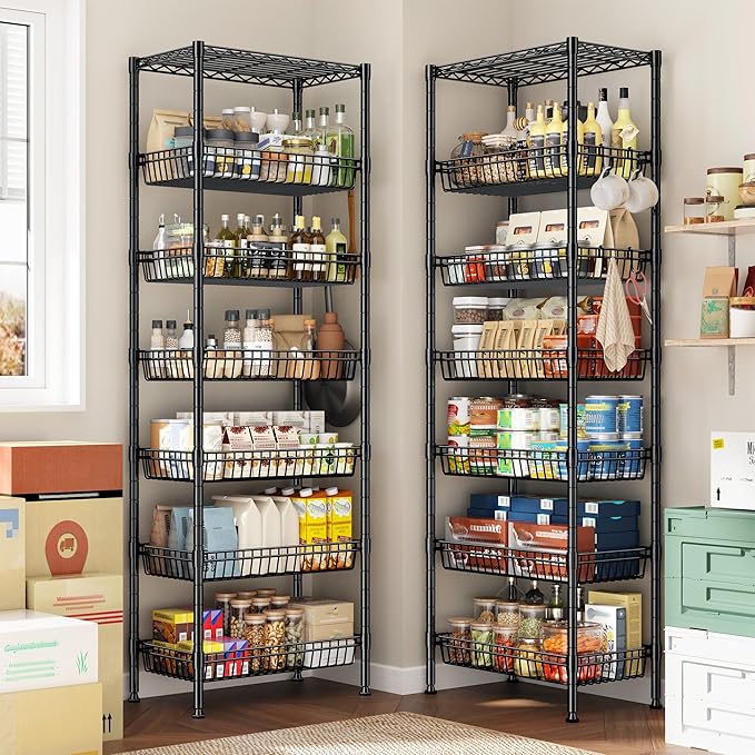 7 Tier Wire Shelving Unit with Wheels 72" H Adjustable Basket Shelf Storage Shelves with Hooks for Kitchen Bathroom Garage Closet Laundry Room Organization 72" H x 24" W x 14" D, Black