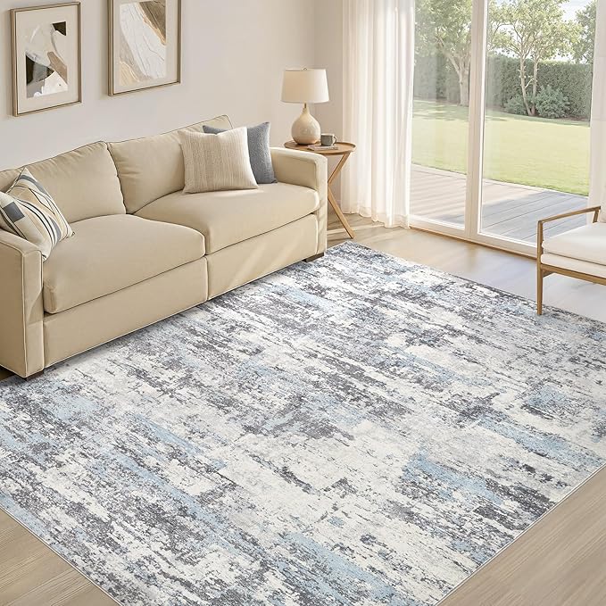 Area Rugs for Living Room: 5x8 Abstract Washable Rug Modern Neutral Large Soft Stain Resistant Non-Slip Backing Machine Table for Bedroom Dining Room Indoor Home Office Carpet - Blue Grey