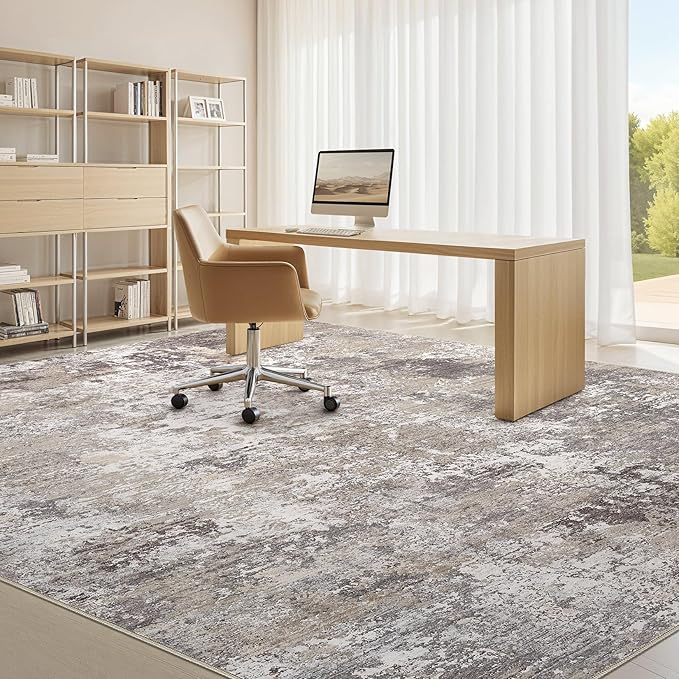 Area Rugs for Living Room: 6x9 Abstract Washable Rug Modern Neutral Large Soft Stain Resistant Non-Slip Backing Machine Table for Bedroom Dining Room Indoor Home Office Carpet - Light Brown