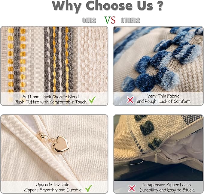 KOOLIFE Boho Chenille Tufted Couch Throw Pillow Covers 18x18 Inch Set of 2 Farmhouse Striped Decorative Pillow Covers Accent Neutral Pillowcase Grey Yellow Cushion Cover for Living Room Sofa Bed