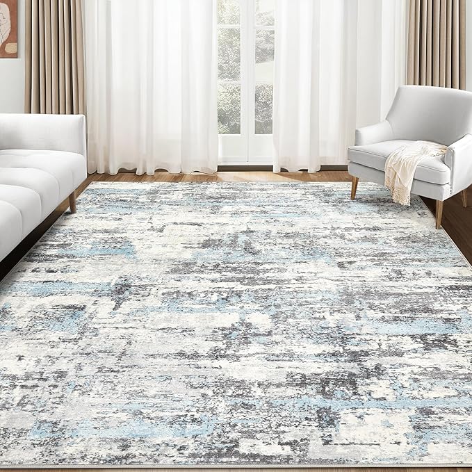 Area Rugs for Living Room: 7x9 Abstract Washable Rug Modern Neutral Large Soft Stain Resistant Non-Slip Backing Machine Table for Bedroom Dining Room Indoor Home Office Carpet - Blue Grey