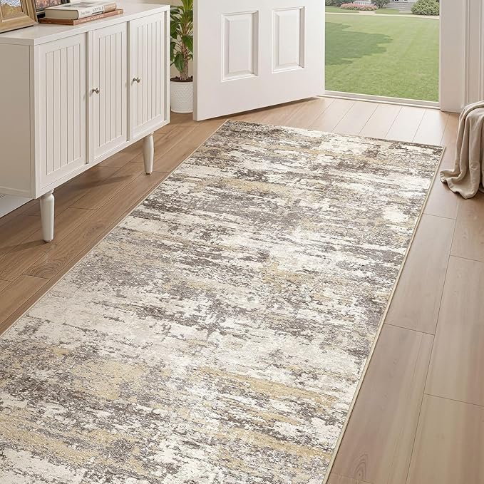 Hallway Washable Runner Rug: 3x10 Abstract Modern Soft Stain Resistant Non-Slip Backing Runner for for Entryway Kitchen Laundry - Gold Brown