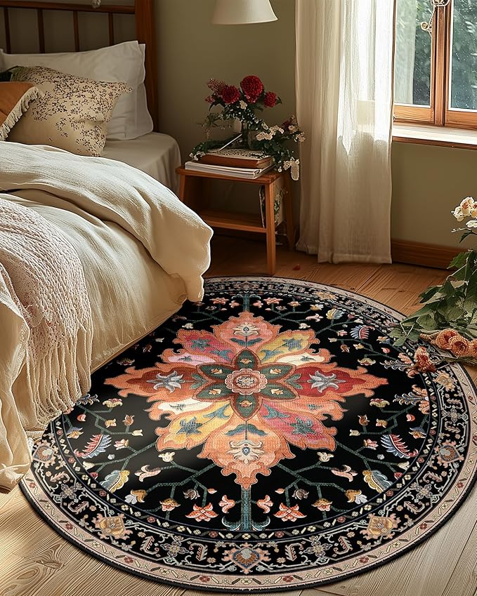 RELEANY Area Rugs 8ft Washable Non-Slip, Floral Vintage Distress Print Pattern Medallion Carpet for Living Room Bedroom Dining Room, Black Colorful Floral Dark Tan
