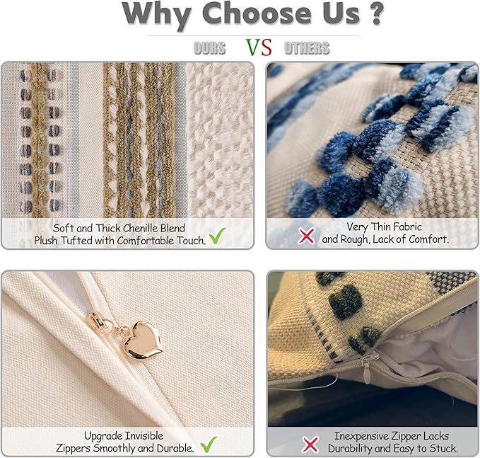 KOOLIFE Boho Chenille Tufted Couch Throw Pillow Covers 18x18 Inch Set of 2 Farmhouse Striped Decorative Pillow Covers Accent Neutral Pillowcase Brown Cushion Cover for Living Room Sofa Bed