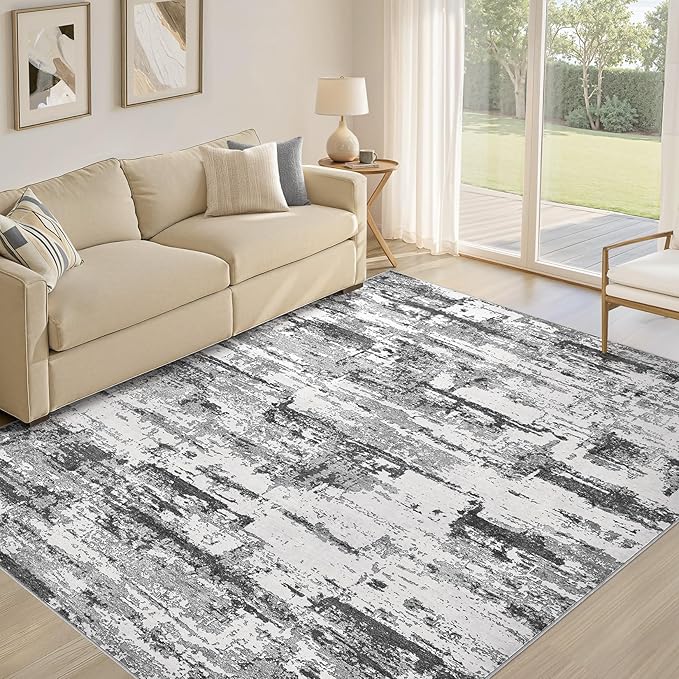 Area Rugs for Living Room: 5x8 Abstract Washable Rug Modern Neutral Large Soft Stain Resistant Non-Slip Backing Machine Table for Bedroom Dining Room Indoor Home Office Carpet - Black Grey