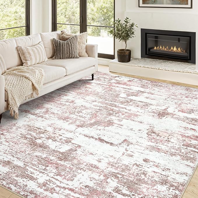 Area Rugs for Living Room: 6x9 Abstract Washable Rug Modern Neutral Large Soft Stain Resistant Non-Slip Backing Machine Table for Bedroom Dining Room Indoor Home Office Carpet - Pink