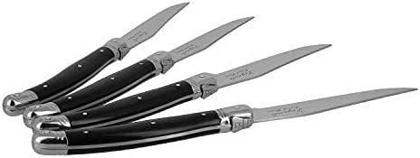French Home Laguiole 4-Piece Steak Knife Set – Sophisticated Stainless Steel Dinner Knives with Black Handles & Iconic Bee Emblem – Serrated Knives for Smooth Cutting (9.25")