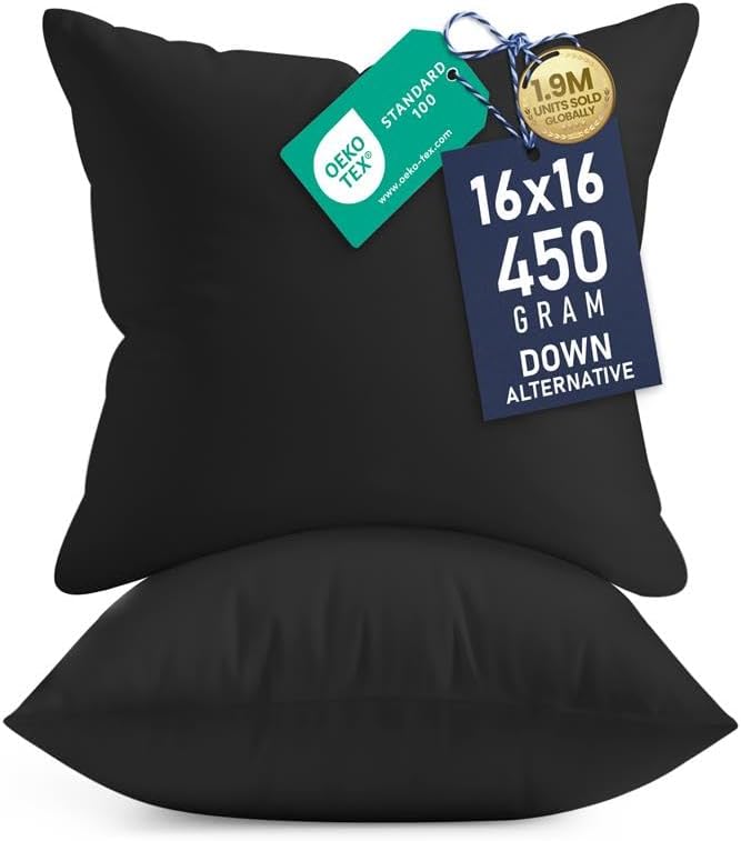 Utopia Bedding 16x16 Pillow Inserts, Set of 2, Black – Indoor Decorative Throw Pillows for Bed, Sofa & Couch – Soft, Supportive & Fluffy Cushion Inserts