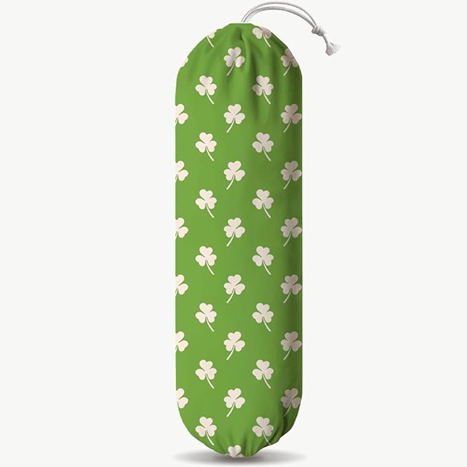 Reusable Grocery Bag Holder, Wall Mounted Organizer Dispenser, Washable Cotton-Linen Storage, St. Patrick’s Day White Clover Design, Lucky Shamrock Pattern for Kitchen Pantry or Cabinet