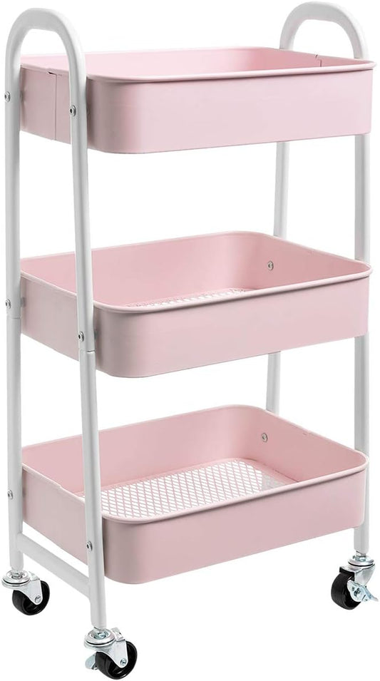 AGTEK Makeup Cart, Movable Rolling Organizer Cart, 3 Tier Metal Utility Cart, White - Pink