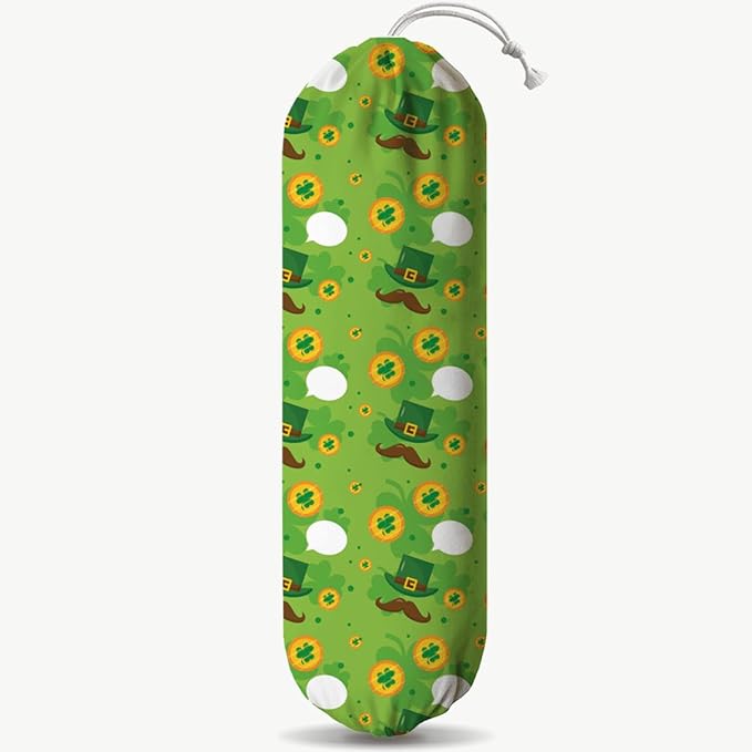 Plastic Bag Holder, Wall Mount Grocery Sack Organizer Dispenser, Washable Cotton-Linen Storage with Hanging Loop, St. Patrick’s Day Green Hat, Clover & Coin Design for Kitchen Pantry