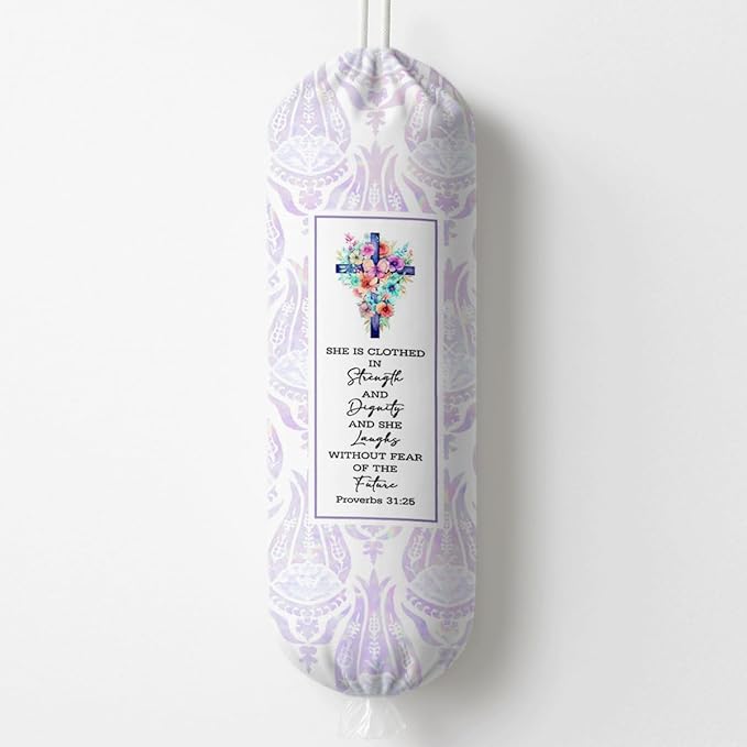 Plastic Bag Holder, Proverbs 31:25 Plastic Bag Holder, Reusable Trash Bags Dispenser, Christian Kitchen Gifts for Women Inspirational Plastics Bags Holders with Bible Verse