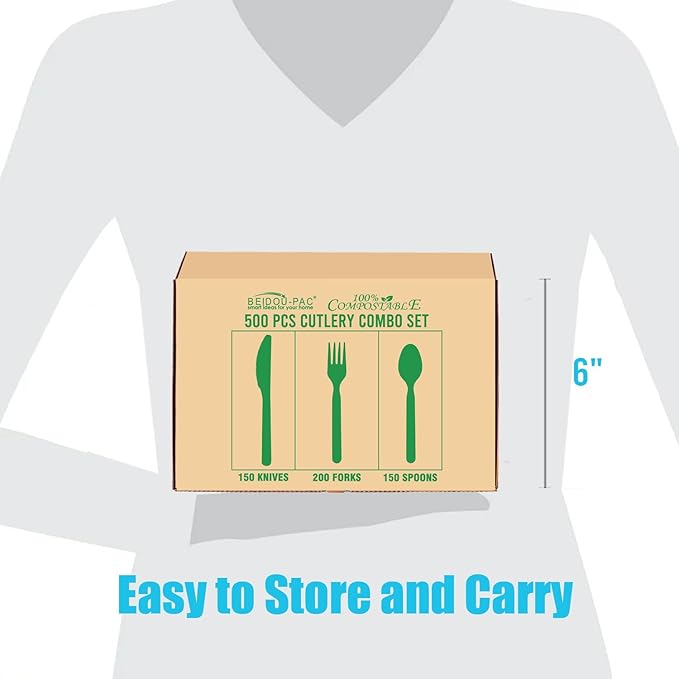 500 Count Compostable Disposable Non Plastic Silverware, Heavy Duty Biodegradable Forks Spoons Knives Cutlery Set, Eco Friendly Recyclable Flatware Utensils for Party Wedding Daily Use