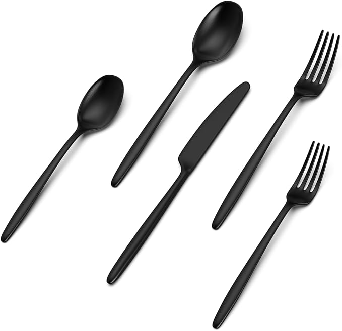JazzUpCo Ava Flatware Flatware non toxic 18/10 stainless steel dishwasher safe (Matte Black, 4 Person Set (20 Pieces))