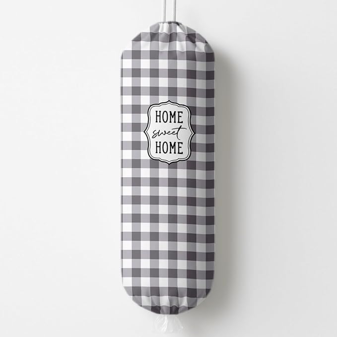Plastic Bag Holder, Home Sweet Home Plastic Bag Holder for Kitchen Essentials, Gray and White Grid Bags Holders for Plastics Bags Groceries Store, Kitchen Gifts to Women Family Friends