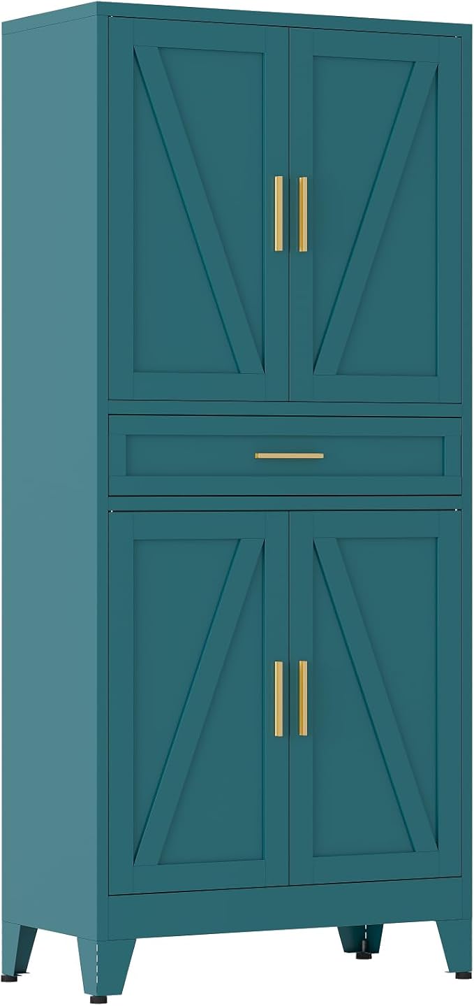 71" Pantry Cabinet in Blue, with 4 Doors & Center Drawer,Max Organization Storage Cabinet with Adjustable Shelves, Freestanding Farmhouse Storage Cupboard for Spacious Kitchen, Dining Room