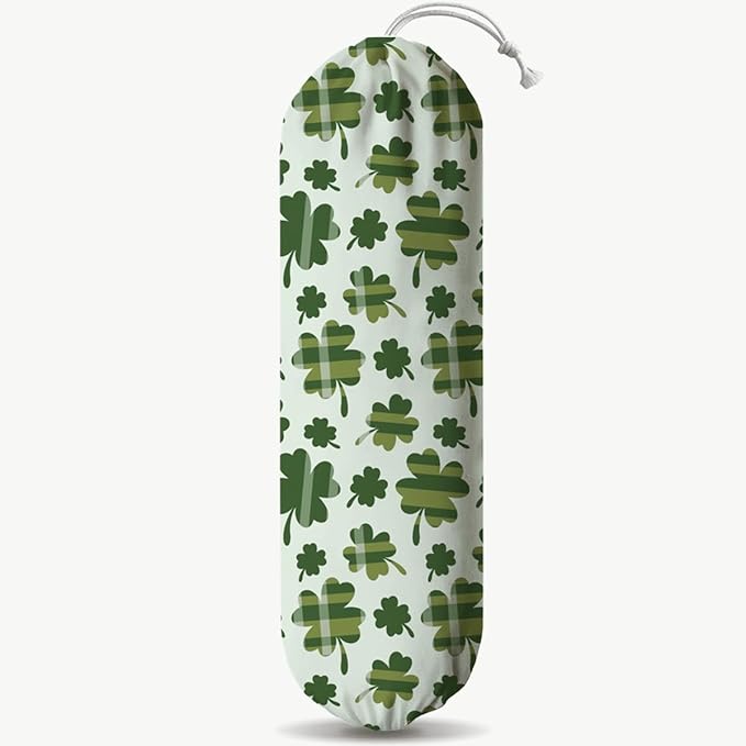 Wall Mount Plastic Bag Holder, Reusable Grocery Sack Organizer, Washable Cotton-Linen Storage, St. Patrick’s Day Green Clover with Stripes Design, Hanging Loop for Kitchen Pantry Decor