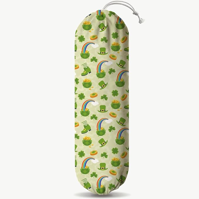 Plastic Bag Holder, Wall Mount Grocery Sack Organizer Dispenser, Washable Cotton-Linen Storage with Hanging Loop, St. Patrick’s Day Lucky Clover & Rainbow Theme, Fun Irish Decor for Kitchen