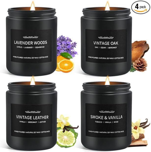Scented Candle Set, Men Candle Set, Scented Candles for Home, Gifts for Men, 4 Pack Manly Candles Gifts for Mens Scents of Smoke Vanilla/Leather/Oak/Lavender Wood