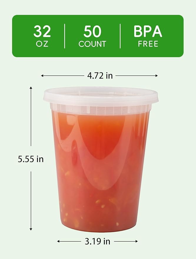 50 Pack 32 oz Plastic Food Containers with Lids BPA Free Stackable Leakproof Deli Containers for Meal Prep Slime Soup Microwave Freezer Dishwasher Safe