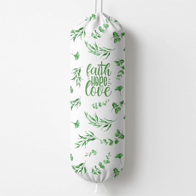 Plastic Bag Holder, Faith Hope Love Plastic Bag Holder for Kitchen Essentials, Leaf Trash Sack Storage Dispenser for Home Decor, Kitchen Gifts to Women Family Friends Grandma Mom