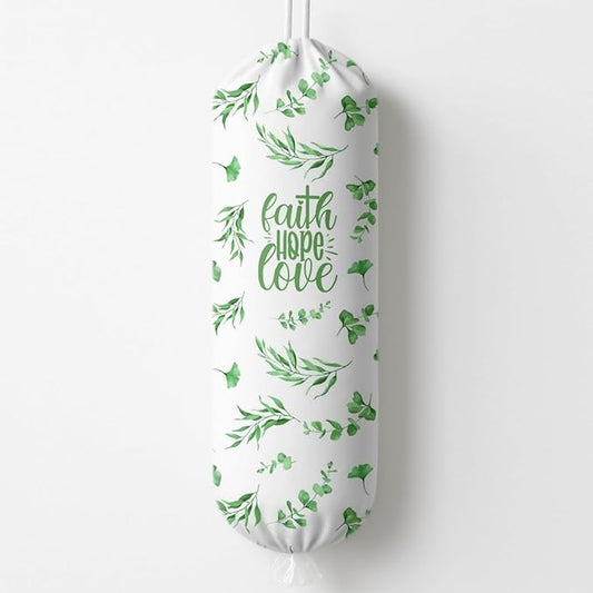 Plastic Bag Holder, Faith Hope Love Plastic Bag Holder for Kitchen Essentials, Leaf Trash Sack Storage Dispenser for Home Decor, Kitchen Gifts to Women Family Friends Grandma Mom