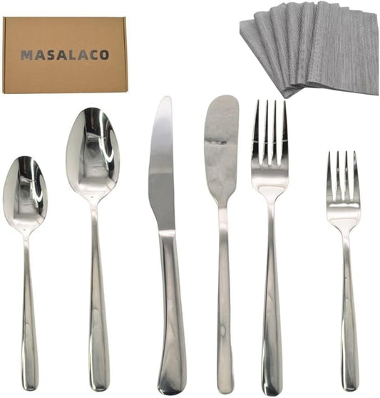 36 Piece Silverware Set with Placemat,MASALACO 6-Piece Stainless Steel Cutlery Set-Knife Fork Butter Knife and Spoon,Mirror Finish,Suitable for Home Restaurant Hotel Kitchen Utensils,Dishwasher Safe