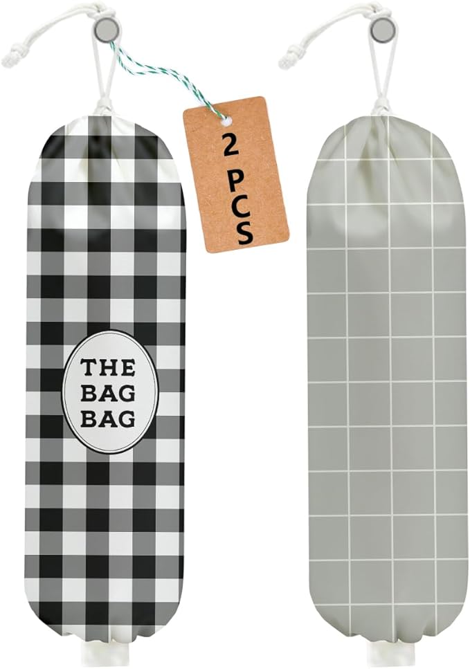 2Pcs Black White Buffalo Check Plaid Plastic Bag Holder, Wall Mount Grocery Bag Holder for Plastic Bags, Minimalist Grid Reusable Grocery Bags Storage Dispenser for Home Kitchen Farmhouse