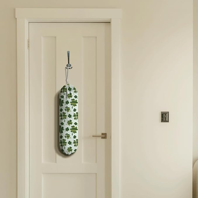 Wall Mount Plastic Bag Holder, Reusable Grocery Sack Organizer, Washable Cotton-Linen Storage, St. Patrick’s Day Green Clover with Stripes Design, Hanging Loop for Kitchen Pantry Decor