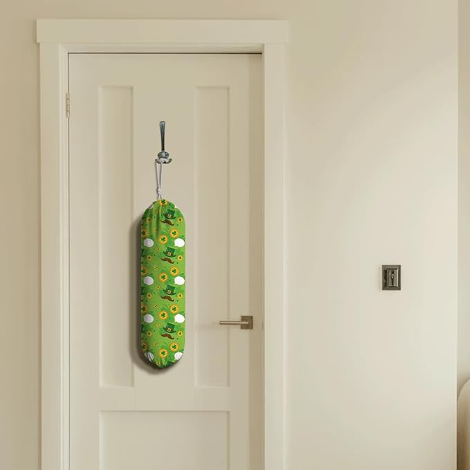Plastic Bag Holder, Wall Mount Grocery Sack Organizer Dispenser, Washable Cotton-Linen Storage with Hanging Loop, St. Patrick’s Day Green Hat, Clover & Coin Design for Kitchen Pantry
