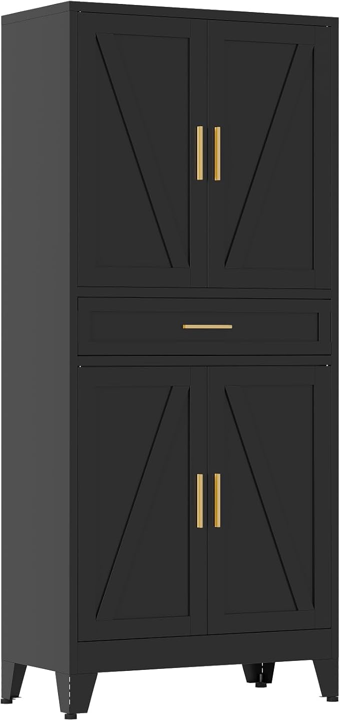 71" Pantry Cabinet in Black, with 4 Doors & Center Drawer, Max Organization Storage Cabinet with Adjustable Shelves, Freestanding Farmhouse Cupboard for Spacious Kitchen, Dining Room