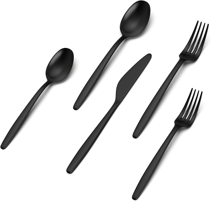 JazzUpCo Tia Flatware non toxic 18/10 stainless steel dishwasher safe (Matte Black, 16 Person Set (80 Pieces))