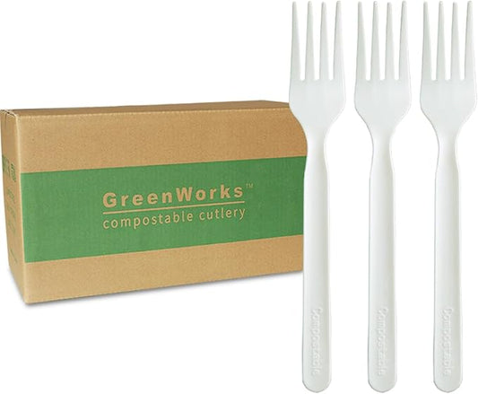 GreenWorks 1000 Count 7" Heavy-duty Compostable Forks, BPI Certified Large Bulk Disposable Cutlery Fork