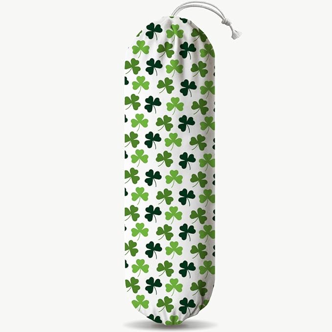 Plastic Bag Holder, Wall Mount Grocery Sack Organizer Dispenser, Washable Cotton-Linen Storage with Hanging Loop, St. Patrick’s Day Green Clover Design, Lucky Shamrock Pattern for Kitchen