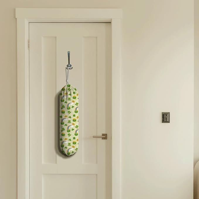 Plastic Bag Holder, Wall Mount Grocery Sack Organizer Dispenser, Washable Cotton-Linen Storage with Hanging Loop, St. Patrick’s Day Lucky Clover & Rainbow Theme, Fun Irish Decor for Kitchen