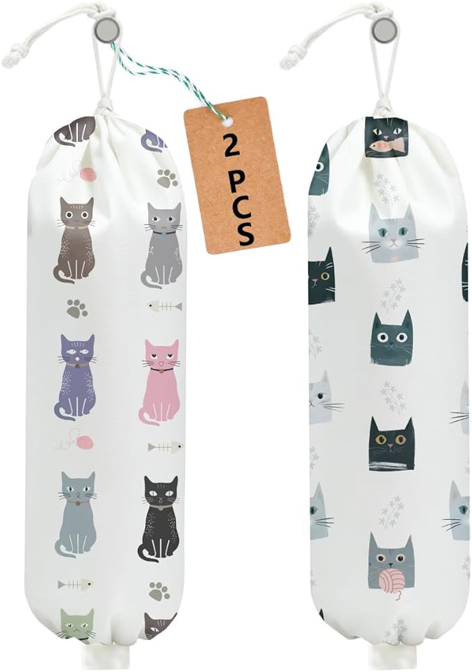 2 Pcs Cat Plastic Bag Holder, Wall Mount Grocery Bag Holder for Plastic Bags, Large Reusable Grocery Bags Organizer Storage Dispenser for Home Kitchen Pantry Decor, Cat Lover Gifts for Women