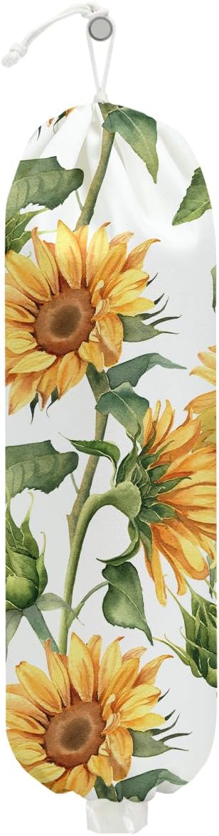 Sunflower Plastic Bag Holder for Kitchen Essentials, Wall Mount Grocery Bag Holder for Plastic Bags, Flower Washable Large Grocery Bags Storage Dispenser for Home Kitchen Pantry Decor, 22.5x9 Inch