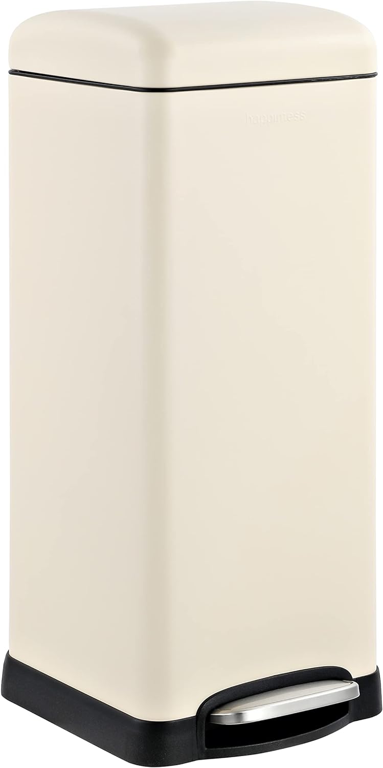 happimess HPM1007F Betty Retro 8-Gallon Step-Open Trash Can with Soft-Close Lid, Fingerprint Resistant, Modern, Minimalistic for Home, Kitchen, Laundry Room, Office, Bedroom, Bathroom, Almond
