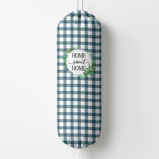 Plastic Bag Holder, Home Sweet Home Plastic Bag Holder for Kitchen Essentials, Blue and White Grid Bags Holders for Plastics Bags Groceries Store, Reusable Hanging Trash Sack Dispenser