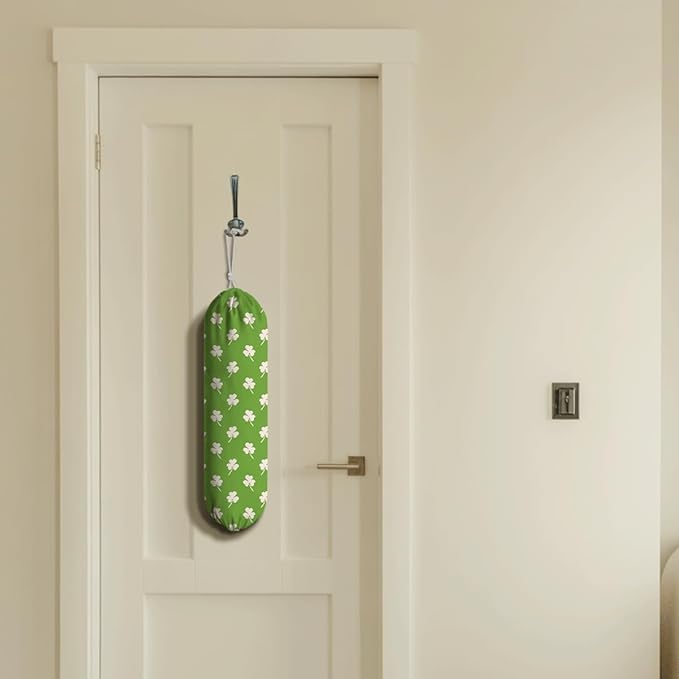 Reusable Grocery Bag Holder, Wall Mounted Organizer Dispenser, Washable Cotton-Linen Storage, St. Patrick’s Day White Clover Design, Lucky Shamrock Pattern for Kitchen Pantry or Cabinet
