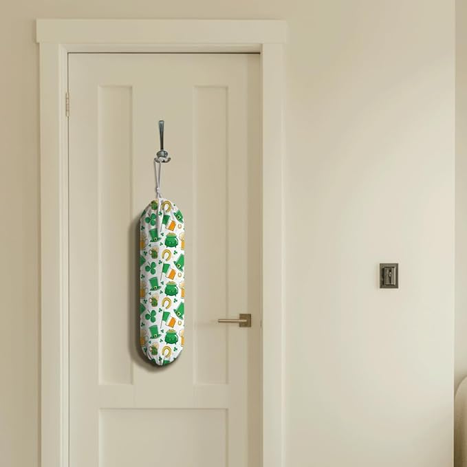 Wall Mount Plastic Bag Holder, Reusable Grocery Sack Organizer, Washable Cotton-Linen Storage, St. Patrick’s Day Clover, Beer, Irish Hat & Pot of Gold Design, Hanging Loop for Kitchen Pantry