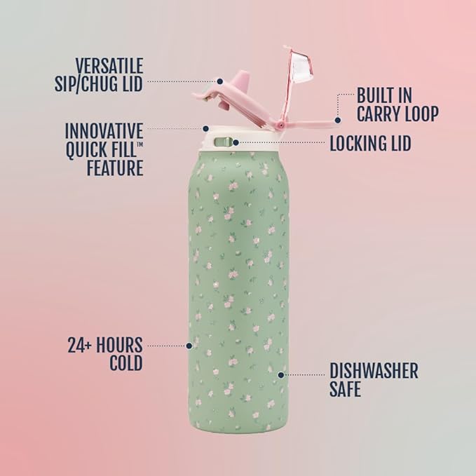 Ello Pop & Fill Stainless Steel Water Bottle with Quick Fill Technology, Double Walled Vacuum Insulated Metal, Leak Proof Locking Lid, Sip & Chug, BPA Free, Holiday Gift for Him Her, 22oz, 32oz, 40oz