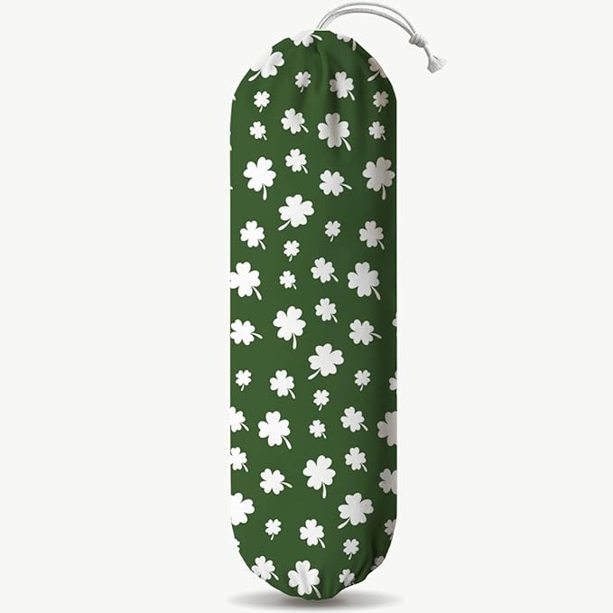 Wall Mount Plastic Bag Holder, Reusable Grocery Sack Organizer, Washable Cotton-Linen Storage, St. Patrick’s Day White Shamrock & Clover Design, Hanging Loop for Kitchen Pantry Decor